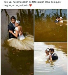 the bride and groom are kissing in the water, surrounded by brown flood waters that surround them