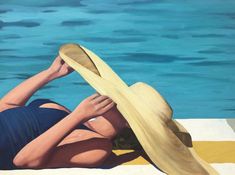 a painting of a woman laying on the edge of a swimming pool wearing a hat