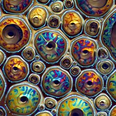 an image of colorful bubbles in water with different colors and patterns on it's surface