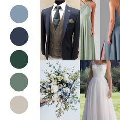 the color scheme is blue, green, and white for this wedding dress collection in shades of gray, teal, and ivory