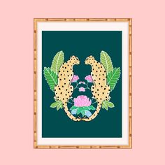 two cheetah cross stitched together in front of a green background with pink flowers