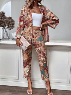 2pcs/Set Petite Casual Printed Long Sleeve Top And Long Pants Set Multicolor Casual  Three Quarter Length Sleeve Woven Fabric Paisley,Tribal,Plants,Scarf Print,All Over Print  Non-Stretch  Women Clothing, size features are:Bust: ,Length: ,Sleeve Length: Moda Kimono, Elastic Waist Pants Outfit, Petite Casual, Stile Boho Chic, Mode Kimono, Leg Pants Outfit, Casual Kimono, Estilo Boho Chic, Inspiration Mode