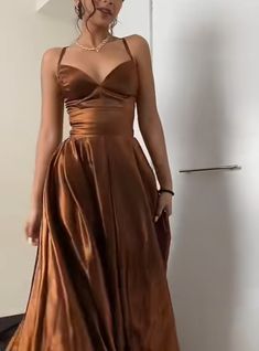 Brown Long Formal Dress, Orange Brown Prom Dress, Brown Dresses Silk, Brown Dress For Prom, Brown Silk Dress Long, Orange Brown Dress, Brown Silk Dresses, Brown Silk Prom Dress, Prom Brown Dress