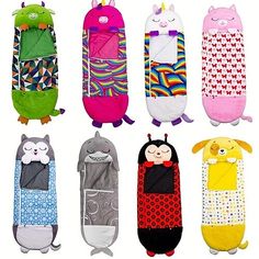 several different types of sleeping bags with cartoon characters on the front and back, all lined up in rows