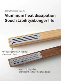 an aluminum heat dispenser with wooden handle and stainless steel blades on it