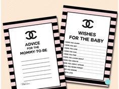 two cards with the words wishes for the baby and advice for the mommy - to - be