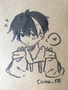 a drawing of a boy holding a bag and looking at the viewer's phone