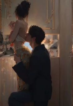 a man kneeling down next to a woman in front of a mirror on the wall