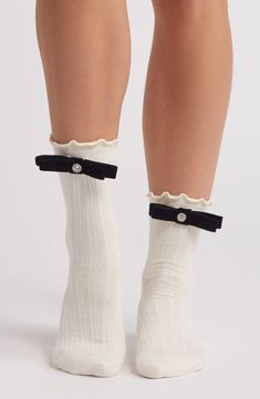 Ribbon bows sweeten these cotton-blend quarter socks designed to make a statement. Cotton/polyester Machine wash, tumble dry Imported Cute White Socks With Bow, Ribbon Socks, Bow Socks, Clara Bow, Quarter Socks, Designer Socks, Drawing People, Aesthetic Outfits, Ribbon Bows