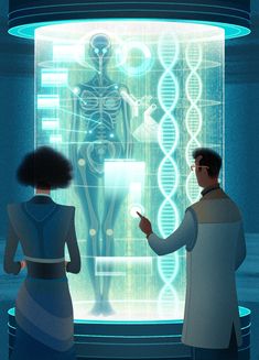 two people standing in front of a screen with an image of a human body on it