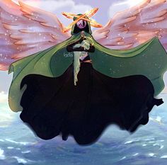 an animated image of a woman with angel wings on her shoulders and arms spread out