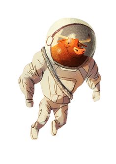 an animal in space suit floating through the air