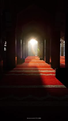 the light at the end of the tunnel shines brightly into the dark room with red carpet