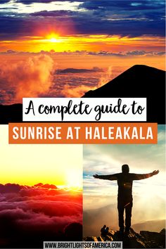 Three photographs in a grid formation. The first photo shows the sun peeking over the horizon with clouds and a mountain in the foreground. The second photo shows the sun rising over fluffy clouds. The third photo shows a man standing on top of a rock with arms outstretched as the sun rises in front of him. Maui Sunrise Haleakala, Haleakala National Park Sunrise, Sunrise Haleakala, Maui Volcano, Maui Sunrise, Haleakala Sunrise, Lavender Coffee