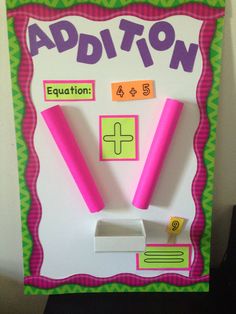 a bulletin board with two pink erasers on it's sides and the words addition written below