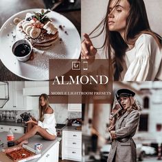 a collage of photos with the words almond on them and images of women in kitchen