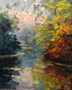 an oil painting of trees and water