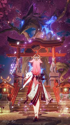 an anime character standing in front of a shrine