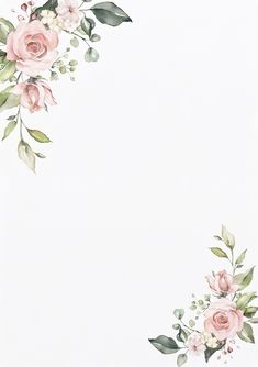 a white background with pink flowers and green leaves