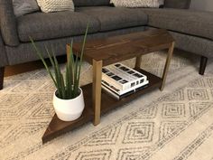 a living room with a couch, coffee table and plant in the corner on top of it