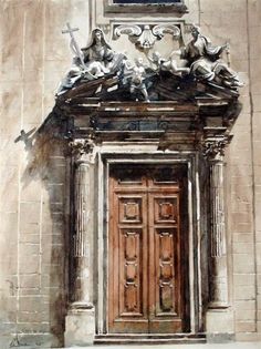 a painting of a wooden door with statues on it