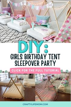 girls'birthday tent sleepover party with pink and blue decorations on the bed, pillows and