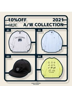 a poster with different styles of hats and shirts on it's display rack, which includes