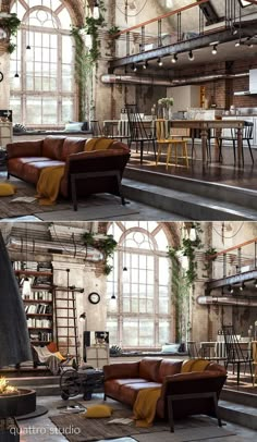 the interior of an old industrial building with exposed ceilings and large windows, leather couches and tables