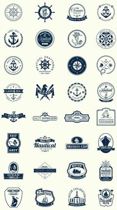 a large collection of nautical emblems and badges, all in different designs on white background