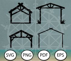 the silhouettes of different types of buildings are shown in this graphic style, including one with