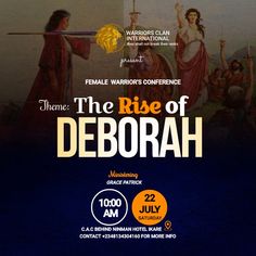 a poster for the rise of deborah featuring women in roman dress and men with swords