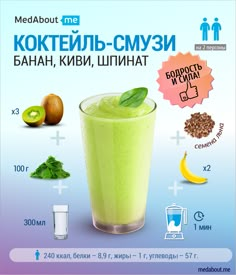 an advertisement for a green smoothie drink with information about the ingredients and how to make it