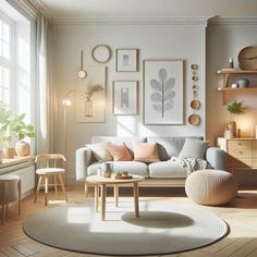 a living room filled with furniture and lots of pictures on the wall above it's windows