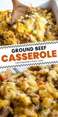 ground beef casserole in a white dish with a wooden spoon and text overlay