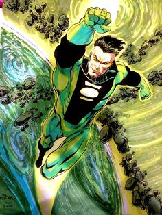 the green lantern is flying through the air with his arms in the air and eyes open