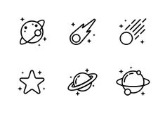 black and white line icons with stars, planets and rockets in the sky on a white background