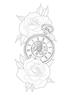 a drawing of roses with an old pocket watch on the front and bottom half of it