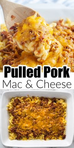 pulled pork macaroni and cheese casserole in a white dish