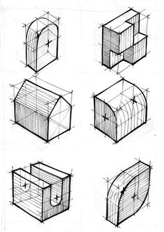 six drawings of different shapes and sizes of buildings