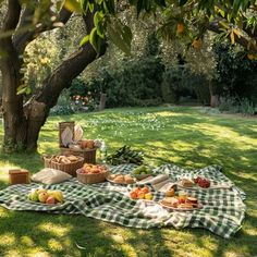 an outdoor picnic is set up in the shade with food on blankets and fruit baskets