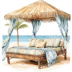 a watercolor painting of a bed on the beach with a straw umbrella over it