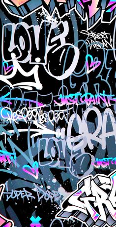 graffiti on the side of a wall with different colors and sizes, including blue, pink, purple, black and white