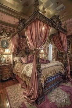 a fancy bedroom with pink curtains and gold bedding