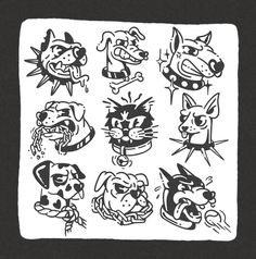 an ink drawing of different dogs and cats