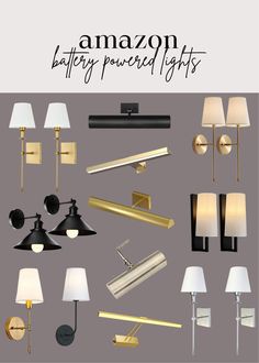 an assortment of different lamps and shades on a gray background with the words amazon battery powered lights