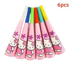 six hello kitty pens with different colors on them