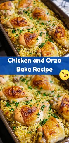 chicken and orzo bake recipe in two pans with text overlay that reads chicken and orzo bake recipe