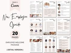 the new employee's guide is displayed in front of a pink and white background