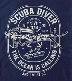 scuba diver the ocean is calling t - shirt in navy blue with white print on front