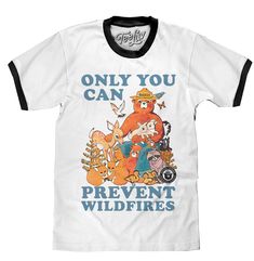 PRICES MAY VARY. YOUR FAVORITE SMOKEY BEAR SHIRT: Enjoy the nostalgia of the iconic Smokey Bear with his forest friends and the "Only You Can Prevent Wildfires" phrase - printed on the softest white and black ringer t-shirt we could find. EASY CARE TEES: This Smokey Bear design is licensed and screen-printed on a soft, 100% cotton ringer tee shirt that goes from the washing machine to the dryer without losing shape, shrinking or fading. NO FUSS SIZING: Tee Luv nature shirts feature a super comfo Kawaii Tshirt, Ringer Shirt, Smokey Bear, Smokey The Bears, Trim Fabric, Nature Shirts, Casual Shirt Women, Funny Tee Shirts, Bear Shirt